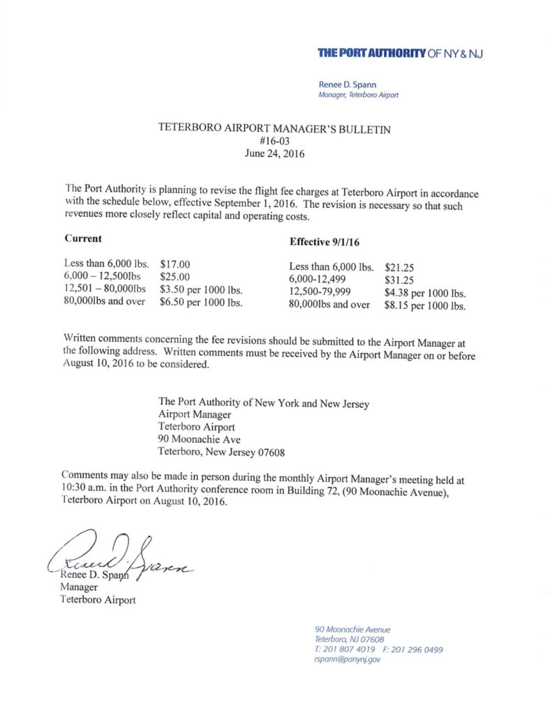 Teterboro Flight Fees